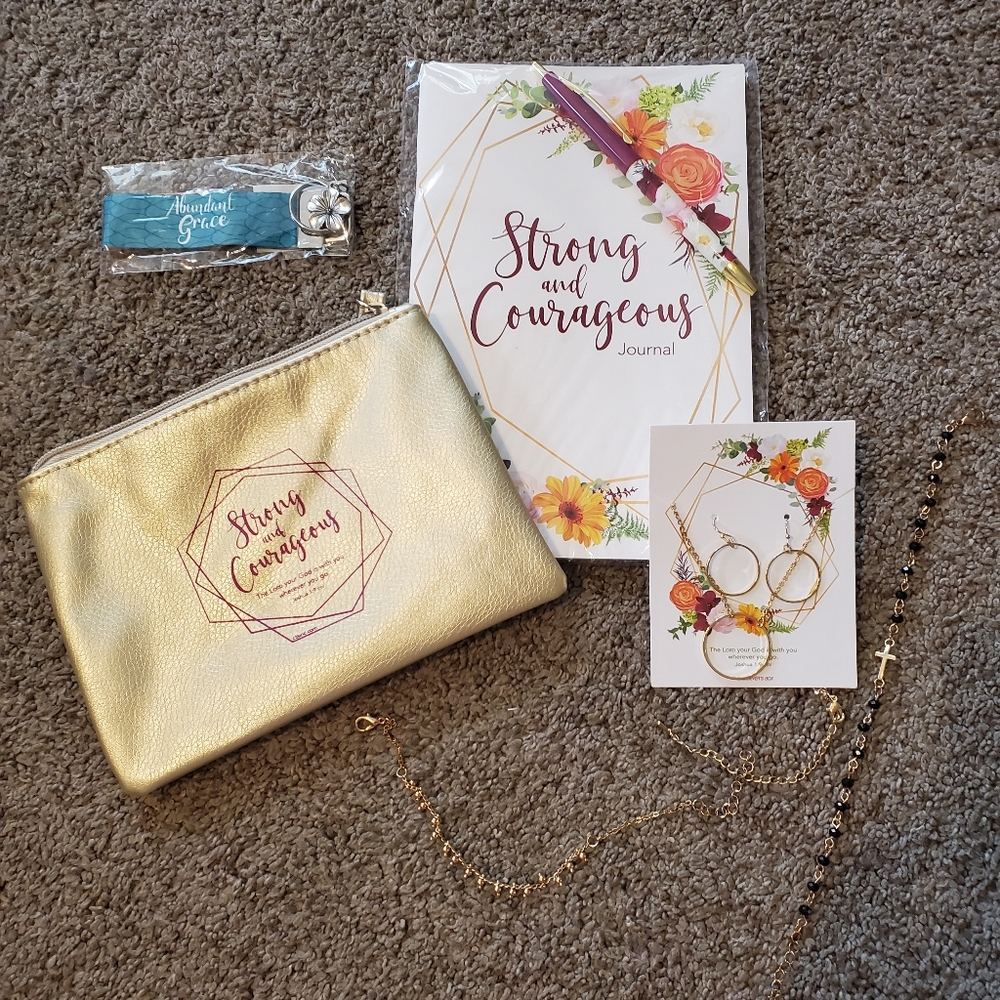 Strong and Courageous gift set; make up bag, jewlry, and journal
